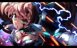 Rule 34 | 1girl, absurdres, blood, blood from mouth, blood on face, blue eyes, bodysuit, breasts, bruise, bruise on face, cleavage, elbow gloves, electricity, gloves, grin, highres, injury, large breasts, long hair, maria cadenzavna eve, nyanmaru, pink hair, senki zesshou symphogear, smile