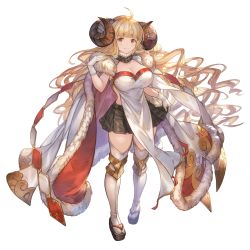 Rule 34 | 1girl, ahoge, anila (granblue fantasy), black skirt, blonde hair, cape, closed mouth, curled horns, draph, full body, fur-trimmed cape, fur trim, gloves, granblue fantasy, hand up, horns, long hair, looking at viewer, minaba hideo, official art, pelvic curtain, pleated skirt, sandals, simple background, skirt, skirt hold, solo, standing, thighhighs, transparent background, white gloves, white skirt, white thighhighs, yellow eyes, zouri