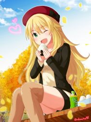 Rule 34 | 1girl, ;d, autumn, autumn leaves, azuma kei, black bow, black jacket, black shorts, blonde hair, blue sky, boots, bottle, bow, brown footwear, day, food, from below, green eyes, hair between eyes, hat, hat bow, heart, holding, holding food, hoshii miki, idolmaster, idolmaster (classic), jacket, long hair, looking at viewer, one eye closed, onigiri, open clothes, open jacket, open mouth, outdoors, red hat, ribbed sweater, short shorts, shorts, sitting, sky, smile, solo, sweater, thigh boots, thighhighs, very long hair, white sweater, yellow petals
