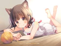 Rule 34 | 1girl, animal ear fluff, animal ears, bare arms, bare shoulders, barefoot, bloomers, blurry, blurry background, blush, brown eyes, brown hair, camisole, cat ears, closed mouth, collarbone, commentary request, depth of field, eyebrows hidden by hair, kuga tsukasa, legs up, long hair, lying, on floor, on stomach, original, red ribbon, ribbon, smile, soles, solo, star (symbol), star print, underwear, white bloomers, white camisole, wooden floor, yarn, yarn ball