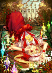 Rule 34 | 1girl, adapted costume, ascot, blonde hair, checkered floor, embodiment of scarlet devil, female focus, flandre scarlet, floor, flower, hat, lying, nature, no shoes, on back, on floor, outdoors, plant, red eyes, rose, short hair, side ponytail, skirt, sky, solo, thorns, touhou, wings, wrist cuffs, xiezhua (amyoy)