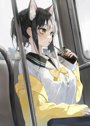 Rule 34 | 1girl, absurdres, animal ear fluff, animal ears, animal ears (norankkori), bags under eyes, black hair, black sailor collar, bow, breasts, building, cat ears, cup, drinking, drinking straw, fingernails, highres, holding, holding cup, iced coffee, jacket, large breasts, original, sailor collar, sitting, solo, window, yellow bow, yellow eyes, yellow jacket