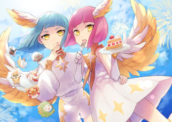 Rule 34 | 1boy, 1girl, afk arena, blue hair, cake, cake slice, food, fork, head wings, highres, holding, holding fork, izusan 14, looking at viewer, open mouth, pink hair, wings, yellow eyes