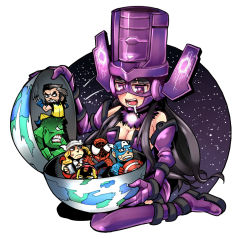 Rule 34 | 10s, 1girl, 6+boys, angry, animification, avengers (series), beard, black hair, blonde hair, boots, breasts, bruce banner, captain america, chibi, claws, cleavage, colored skin, earth (planet), elbow gloves, facial hair, galacta, giant, giantess, gloves, green skin, hat, headdress, helmet, hitsuji bako, hulk, hungry, iron man, large breasts, long hair, marvel, mask, multiple boys, open mouth, planet, purple eyes, purple footwear, saliva, shield, short hair, sitting, space, spider-man, spider-man (series), steve rogers, thighhighs, thor (marvel), tony stark, wolverine (x-men), world, x-men