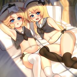 Rule 34 | 22-sai (1092344778), 2girls, absurdres, adapted costume, bad id, bad pixiv id, bed, black legwear, black neckwear, blonde hair, blue eyes, blue sailor collar, commentary request, crop top, gloves, hat, highres, janus (kancolle), jervis (kancolle), kantai collection, looking at viewer, multiple girls, navel, open mouth, panties, pillow, round teeth, sailor collar, sailor hat, teeth, thighhighs, underwear, upper teeth only, white gloves, white headwear, white legwear, white panties