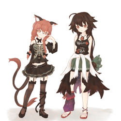 Rule 34 | 2girls, :3, absurdres, adapted costume, ahoge, animal ear fluff, animal ears, arms behind back, bare shoulders, belt, bespectacled, bird wings, black legwear, braid, brown hair, cat ears, cat tail, clothes around waist, cosplay, earrings, feathered wings, footwear bow, full body, garter straps, glasses, green skirt, groin, hand up, hecatia lapislazuli, hecatia lapislazuli (cosplay), highres, jewelry, kaenbyou rin, light blush, light smile, long hair, looking at viewer, low wings, midriff, multiple girls, multiple tails, nekomata, no hair bow, off-shoulder shirt, off shoulder, petticoat, red eyes, red hair, reiuji utsuho, round eyewear, shirt, shirt around waist, simple background, single earring, skirt, sleeves past elbows, tail, tank top, thighhighs, toes, touhou, twin braids, twintails, two tails, very long hair, white background, wings, yenyen