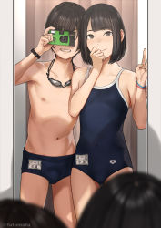 Rule 34 | 1boy, 1girl, absurdres, arena (company), artist name, blue male swimwear, blue one-piece swimsuit, blue school swimsuit, blue swim briefs, brand name imitation, brown hair, competition school swimsuit, eyewear around neck, futamotu, goggles, goggles around neck, hetero, highres, light smile, male school swimsuit, male swimwear, mirror, nametake, nipples, one-piece swimsuit, original, school swimsuit, selfie, short hair, smile, swim briefs, swim goggles, swimsuit, taking picture, topless male, v