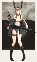 Rule 34 | 1girl, :o, animal ears, bare shoulders, bikini, black choker, black gloves, blonde hair, boots, borchardt c-93, border, breasts, choker, cleavage, cloud, cloudy sky, commentary, english commentary, fake animal ears, full body, germany, gloves, gluteal fold, gun, half gloves, handgun, headgear, headphones, highres, holding, holding gun, holding weapon, jacket, knee boots, kneehighs, long hair, looking at viewer, machine gun, medium breasts, navel, odachu, off shoulder, open clothes, open jacket, open mouth, original, red eyes, signature, sky, socks, strap, swimsuit, thigh strap, thighs, utility pole, weapon, white border