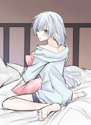 Rule 34 | 1girl, bed, blue eyes, jewelry, looking back, monokuro (sekahate), necklace, hugging object, pillow, pillow hug, rwby, scar, scar across eye, scar on face, shorts, sketch, solo, sweater, weiss schnee, white hair