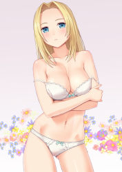 Rule 34 | 1girl, arms under breasts, banned artist, blonde hair, blue bow, blue eyes, blue flower, bow, bow bra, bow panties, bra, breasts, cameltoe, cleavage, collarbone, cowboy shot, floral background, flower, gluteal fold, legs apart, long hair, looking at viewer, medium breasts, n.g., nail polish, navel, original, paid reward available, panties, parted lips, pink nails, purple flower, paid reward available, solo, standing, stomach, strap pull, underwear, underwear only, white bra, white panties, yellow flower