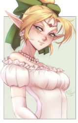 Rule 34 | 1girl, absurdres, bare shoulders, blonde hair, border, bow, breasts, circlet, closed mouth, deedlit, dress, earrings, elbow gloves, gloves, green background, green bow, green eyes, hair bow, highres, jewelry, looking at viewer, medium breasts, personal ami, pointy ears, puffy short sleeves, puffy sleeves, record of lodoss war, short hair, short sleeves, signature, smile, solo, upper body, white border, white dress, white gloves
