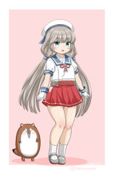 Rule 34 | 1girl, 1other, blue sailor collar, bokukawauso, border, commentary request, gloves, green eyes, grey hair, hat, hip vent, kantai collection, long hair, low twintails, masara (chuujou), mikura (kancolle), one-hour drawing challenge, otter, panties, pink background, pleated skirt, puffy short sleeves, puffy sleeves, red skirt, sailor collar, sailor hat, sailor shirt, shirt, short sleeves, skirt, socks, standing, twintails, two-tone background, underwear, white border, white gloves, white legwear, white panties, white shirt