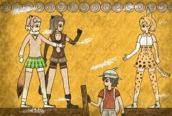 Rule 34 | 10s, 4girls, 7kita, ahoge, american beaver (kemono friends), animal ears, backpack, bag, bare shoulders, beaver ears, beaver tail, bike shorts, black-tailed prairie dog (kemono friends), black eyes, black footwear, black gloves, black legwear, black shorts, blonde hair, boots, bow, bowtie, brown footwear, brown gloves, brown hair, brown shirt, bucket hat, clenched hand, clenched hands, closed eyes, closed mouth, collarbone, commentary request, crack, egyptian art, elbow gloves, from side, full body, fur collar, gloves, green bow, green skirt, hair ornament, hairclip, hat, hat feather, high-waist skirt, highres, kaban (kemono friends), kemono friends, kita (7kita), legs apart, long sleeves, multicolored hair, multiple girls, pantyhose, plaid, plaid skirt, pleated skirt, profile, red shirt, serval (kemono friends), serval print, serval tail, shirt, shoes, short hair, short sleeves, shorts, skirt, sleeveless, sleeveless shirt, socks, standing, striped clothes, striped gloves, striped shorts, striped tail, sweater, tail, thighhighs, two-tone hair, white footwear, white hair, white legwear, white shirt, yellow background