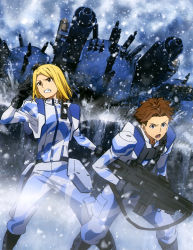 Rule 34 | 10s, 2boys, absurdres, baby magnum, black gloves, blonde hair, brown hair, camouflage, camouflage jacket, camouflage pants, cannon, clenched teeth, gloves, gun, hair intakes, havia winchell, heavy object, heivia winchell, highres, holding, holding gun, holding weapon, jacket, lower teeth only, male focus, military, military uniform, multicolored clothes, multicolored jacket, multicolored pants, multiple boys, official art, open mouth, outdoors, pants, pants tucked in, qwenthur barbotage, radio, short hair, snowing, teeth, uniform, weapon