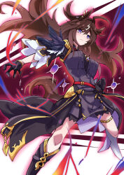 Rule 34 | 1girl, animal ears, aura, belt, black dress, black gloves, black jacket, blue eyes, breasts, brown hair, closed mouth, commentary request, cowlick, dress, duramente (umamusume), expressionless, feathers, feet out of frame, gloves, hand on own hip, hand up, horse ears, horse girl, horse tail, jacket, long hair, looking at viewer, medium breasts, nodachi (artist), short dress, solo, standing, tail, thigh strap, umamusume, white background