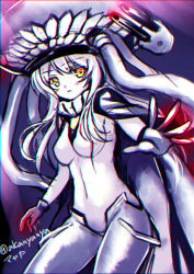 Rule 34 | 10s, 1girl, abyssal ship, bodysuit, cape, colored skin, cowboy shot, fukase ayaka, kantai collection, outstretched arm, solo, twitter username, white hair, white skin, wo-class aircraft carrier, yellow eyes
