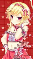 Rule 34 | 1girl, alternate costume, bare shoulders, blonde hair, blush, bow, breasts, center frills, cleavage, closed mouth, collarbone, company name, cowboy shot, cropped shirt, detached collar, eyelashes, fingernails, flower, frilled cuffs, frilled shirt, frills, hair bow, hair ornament, hand on own hip, hand up, happy valentine, heart, heart-shaped ornament, heart background, highres, holding, kin-iro loveriche, looking at viewer, medium hair, moribe (rabumanyo), navel, neck ribbon, off-shoulder shirt, off shoulder, official art, official wallpaper, red background, red bow, red eyes, red flower, red ribbon, red rose, red shirt, red skirt, ribbon, rose, shirt, sidelocks, simple background, single hair intake, skirt, small breasts, smile, solo, souma ria, striped bow, swept bangs, white wrist cuffs, wrist cuffs, x hair ornament