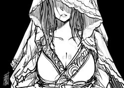 Rule 34 | 1girl, antaria, black background, breasts, cleavage, collarbone, greyscale, large breasts, lips, long hair, monochrome, parted lips, signature, sketch, solo, upper body