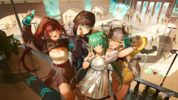 Rule 34 | 4girls, adjusting eyewear, aether gazer, ahoge, arm up, bag, balcony, beret, black hair, blush, bottle, braid, breasts, brown hair, character request, cleavage, closed eyes, commentary, copyright name, dress, fringe trim, glasses, green eyes, green hair, grey hair, group picture, hairband, hat, high ponytail, highres, holding, holding bottle, long hair, looking at phone, low twintails, medium breasts, multiple girls, nail polish, official art, one eye closed, open mouth, osiris (aether gazer), phone, pixiescout, pleated skirt, short hair, shoulder bag, skirt, small breasts, smile, standing, tongue, tongue out, twintails, verthandi (aether gazer), very long hair, white dress, yellow eyes, yostar