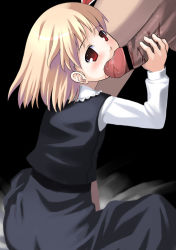 Rule 34 | 1girl, bar censor, blonde hair, censored, clothed female nude male, clothed on nude, embodiment of scarlet devil, fellatio, hetero, kagura mizuki, nude, oral, penis, petite, red eyes, rumia, short hair, solo focus, touhou