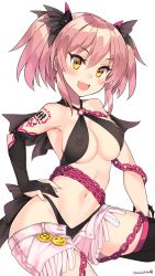 Rule 34 | 10s, 1girl, blush, bow, breasts, chain, cleavage, elbow gloves, covered erect nipples, gloves, hair bow, hand on own hip, heart, heart tattoo, highres, idolmaster, idolmaster cinderella girls, jewelry, jougasaki mika, jpeg artifacts, kuro chairo no neko, looking at viewer, midriff, open mouth, partially fingerless gloves, pink hair, smile, solo, tattoo, twintails, yellow eyes