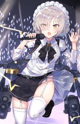 Rule 34 | 1girl, azur lane, bad id, bad pixiv id, belt, black footwear, black neckerchief, black skirt, blush, buttons, collared shirt, commentary request, double-breasted, eyes visible through hair, garter belt, garter straps, hair over one eye, highres, holding, holding microphone, looking at viewer, maid headdress, microphone, music, neckerchief, no panties, nonon (xenonbot), open mouth, partial commentary, platinum blonde hair, pleated skirt, revision, sheffield (azur lane), sheffield (muse) (azur lane), shirt, shoes, singing, skirt, solo, standing, standing on one leg, thighhighs, thighs, white shirt, white thighhighs, yellow eyes