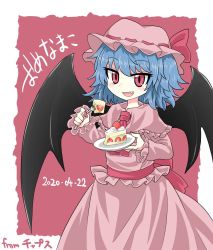 Rule 34 | 1girl, bat wings, birthday cake, blue hair, cake, chups, dated, dress, fang, food, fork, frilled dress, frilled sleeves, frills, highres, long sleeves, nail polish, open mouth, pink background, pink dress, pink frills, pink headwear, pink sleeves, red eyes, red nails, red neckwear, red ribbon, remilia scarlet, ribbon, signature, solo, touhou, wings
