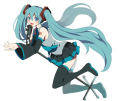Rule 34 | 1girl, aqua eyes, aqua hair, bad id, bad pixiv id, boots, detached sleeves, harano, hatsune miku, long hair, looking at viewer, microphone, microphone stand, necktie, simple background, skirt, solo, thigh boots, thighhighs, twintails, very long hair, vocaloid, white background
