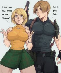 Rule 34 | 1boy, 1girl, ashley graham, bare shoulders, blonde hair, blue eyes, breasts, brown hair, gun, highres, knife, large breasts, leon s. kennedy, muscular, muscular male, pants, plaid, plaid shorts, resident evil, resident evil 4, resident evil 4 (remake), short hair, short sleeves, shorts, sweater, weapon, yoracrab