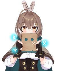 Rule 34 | 1girl, ahoge, blue cape, blush, brown cape, brown eyes, brown gloves, brown hair, cape, covered face, feather hair ornament, feathers, friend (nanashi mumei), gloves, hair between eyes, hair ornament, hairclip, hands up, highres, holding, hololive, hololive english, looking at viewer, nanashi mumei, partially fingerless gloves, runes, simple background, smile, solo, twitter username, two-sided cape, two-sided fabric, upper body, virtual youtuber, white background, yoako