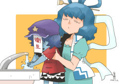 Rule 34 | 2girls, blouse, blue hair, blue skin, chinese clothes, colored skin, commentary request, dated, dress, closed eyes, faucet, hair ornament, hair rings, hair stick, hat, kaku seiga, lifting person, miyako yoshika, multiple girls, ofuda, one-hour drawing challenge, onikobe rin, open clothes, open mouth, open vest, puffy short sleeves, puffy sleeves, shirt, short hair, short sleeves, signature, simple background, sink, skirt, star (symbol), touhou, translation request, vest, washing hands, water
