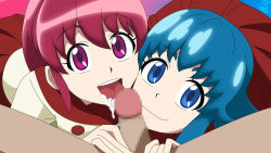 Rule 34 | 1boy, 2girls, aino megumi, artist request, blue eyes, blue hair, censored, cum, cum in mouth, fellatio, happinesscharge precure!, happy sex, highres, multiple girls, open mouth, oral, penis, pink hair, pov, precure, purple eyes, shirayuki hime, smile, tongue, tongue out