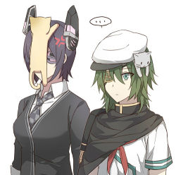 Rule 34 | 10s, 2girls, anger vein, animal, animal on head, cat, cat on head, checkered clothes, checkered necktie, checkered neckwear, eyepatch, green eyes, green hair, hat, headgear, kantai collection, kiso (kancolle), lowres, multiple girls, necktie, on head, purple hair, remodel (kantai collection), short hair, tenryuu (kancolle), toruglose