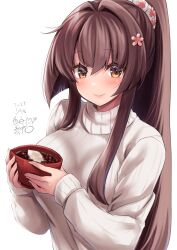 Rule 34 | absurdres, bowl, breasts, brown eyes, brown hair, cherry blossoms, closed mouth, dated, flower, hair between eyes, hair flower, hair ornament, highres, holding, holding bowl, kantai collection, large breasts, long sleeves, looking at viewer, mashiro yukiya, ponytail, ribbed sweater, signature, smile, sweater, upper body, white background, white sweater, yamato (kancolle)