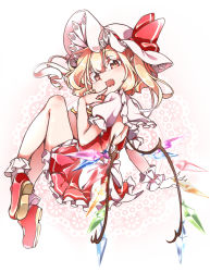 Rule 34 | 1girl, :d, asymmetrical wings, back cutout, blonde hair, blush, clothing cutout, eyes visible through hair, fang, finger to mouth, flandre scarlet, full body, gokuu (acoloredpencil), hair between eyes, hat, hat ribbon, long hair, looking at viewer, miniskirt, open mouth, puffy short sleeves, puffy sleeves, red eyes, red footwear, red ribbon, red skirt, ribbon, shoes, short sleeves, side ponytail, skirt, smile, socks, solo, touhou, white hat, white socks, wings