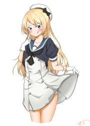 Rule 34 | 1girl, black neckerchief, blonde hair, blue eyes, blue sailor collar, cowboy shot, doyagao, dress, dress shirt, gloves, hat, highres, jervis (kancolle), kantai collection, lifted by self, looking at viewer, neckerchief, panties, pantyshot, sailor collar, sailor dress, sailor hat, satetsu (satetsu3135), shirt, simple background, smug, solo, standing, tongue, tongue out, underwear, white background, white dress, white gloves, white hat, white panties