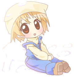 Rule 34 | 1girl, :d, blonde hair, brown eyes, brown footwear, chibi, full body, hat, kanon, long sleeves, looking at viewer, mirai (sugar), open mouth, overalls, shoes, short hair, simple background, smile, solo, sweater, tsukimiya ayu, white background