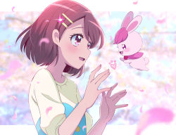 Rule 34 | 1girl, :d, asymmetrical hair, blue shirt, blurry, blurry background, blush, border, brown hair, rabbit, buttons, cherry blossoms, depth of field, floating hair, flower, flower (symbol), from side, hair flower, hair ornament, hanadera nodoka, hands up, healin&#039; good precure, healing animal, juugoya neko, letterboxed, long sleeves, looking at another, multicolored shirt, open mouth, outside border, paw print, petals, pink eyes, precure, rabirin (precure), shirt, short hair, sideways mouth, sleeves pushed up, smile, sparkle, symbol-only commentary, two-tone shirt, upper body, white border, white shirt, wind