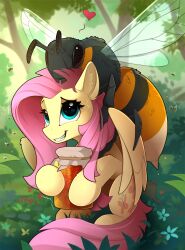 Rule 34 | 1girl, blue eyes, fluttershy, grass, heart, highres, honey, insect wings, long hair, looking at another, my little pony, my little pony: friendship is magic, no humans, outdoors, oversized insect, pegasus, pink hair, teeth, tree, wasp, wings, yakovlev-vad, yellow fur