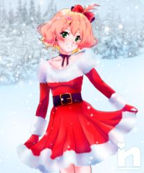 Rule 34 | 1girl, blush, bow, clothes lift, commission, dress, dress lift, forest, freyja wion, fur trim, gloves, green eyes, hair bow, hair ornament, heart, heart hair ornament, looking at viewer, macross, macross delta, nature, off-shoulder dress, off shoulder, orange hair, photo-referenced, real life, red bow, red dress, red gloves, santa dress, saotome nanda, short hair, short sidetail, smile, snow, snowing, solo