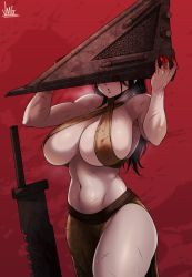 Rule 34 | 1girl, absurdres, bare arms, bare shoulders, blood, blood on hands, breasts, cleavage, criss-cross halter, genderswap, genderswap (mtf), great knife, halterneck, helmet, highres, jmg, knife, large breasts, long hair, monster, muscular, muscular female, pyramid head, side slit, silent hill, silent hill (movie), silent hill (series), silent hill 2, simple background, solo, standing, sweat, sword, thick thighs, thighs, toned, topless male, weapon