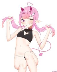 Rule 34 | 1girl, absurdres, ahoge, black panties, choker, clothing cutout, crop top, flat chest, grin, hair ornament, hairclip, heart, heart-shaped pupils, heart cutout, highres, holding, holding hair, horns, indie virtual youtuber, kijikoru, long hair, looking at viewer, mochi (vtuber), navel, one eye closed, panties, petite, pink choker, pink eyes, pink hair, pink tail, pointy ears, red horns, red nails, simple background, smile, solo, symbol-shaped pupils, twintails, underwear, virtual youtuber, white background