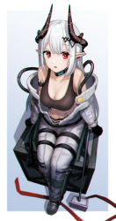 Rule 34 | 1girl, absurdres, alohayuja, arknights, armband, black bra, black gloves, blue background, blurry, bra, breasts, cleavage, coat, collarbone, commentary, crate, demon horns, depth of field, ear piercing, english commentary, from above, full body, gloves, gradient background, hair between eyes, hammer, highres, horns, infection monitor (arknights), long hair, looking at viewer, material growth, medium breasts, midriff, mudrock (arknights), navel, open clothes, open mouth, oripathy lesion (arknights), pants, piercing, red eyes, red ribbon, ribbon, silver hair, simple background, sitting, sledgehammer, solo, sports bra, underwear, white coat, white pants