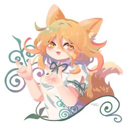 Rule 34 | 1girl, :3, :d, animal ears, blonde hair, commentary request, cropped torso, fox ears, fox girl, fox shadow puppet, fox tail, green ribbon, hair between eyes, hands up, highres, kudamaki tsukasa, long hair, looking at viewer, mame komari, neck ribbon, open mouth, orange eyes, puffy short sleeves, puffy sleeves, ribbon, romper, short sleeves, simple background, smile, solo, tail, touhou, twitter username, white background, white romper