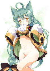 Rule 34 | 1girl, :3, ahoge, akashi (azur lane), animal ears, azur lane, bell, black bow, blush, bow, cat ears, cat girl, choker, clothes in mouth, clothes lift, commentary request, cowboy shot, dress, dress in mouth, dress lift, extra ears, flat chest, green hair, groin, hair between eyes, hair bow, highres, long hair, long sleeves, looking at viewer, low-braided long hair, low-tied long hair, minase tamaki, mole, mole under eye, mouth hold, navel, neck bell, no bra, no panties, partial commentary, red ribbon, ribbon, ribbon choker, sailor collar, sidelocks, simple background, sleeves past fingers, sleeves past wrists, solo, standing, standing on one leg, stomach, very long hair, white background, white dress, yellow eyes