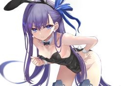 Rule 34 | 1girl, animal ears, bare shoulders, bent over, black hairband, black leotard, blue eyes, blue ribbon, blush, breasts, clenched teeth, collarbone, commentary request, detached collar, earrings, fake animal ears, fake tail, fate/grand order, fate (series), gluteal fold, grey thighhighs, hair ribbon, hairband, hand on own hip, jewelry, kesoshirou, leotard, long hair, looking at viewer, meltryllis (fate), paid reward available, parted lips, playboy bunny, purple hair, rabbit ears, rabbit tail, ribbon, simple background, small breasts, solo, strapless, strapless leotard, tail, teeth, thighhighs, v-shaped eyebrows, very long hair, white background, wrist cuffs