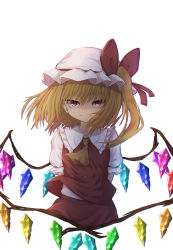 Rule 34 | 1girl, absurdres, blonde hair, closed mouth, collared shirt, flandre scarlet, frilled shirt collar, frills, hat, hat ribbon, highres, looking at viewer, medium hair, mob cap, multicolored wings, puffy short sleeves, puffy sleeves, red eyes, red ribbon, red skirt, red vest, ribbon, shirt, short sleeves, side ponytail, simple background, skirt, smile, solo, touhou, vest, white background, white hat, white shirt, wings, zakkuru (zacky424)