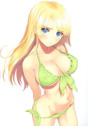 Rule 34 | 1girl, absurdres, arms behind back, bad id, bad yandere id, bikini, blonde hair, blue eyes, breasts, cleavage, collarbone, covered erect nipples, frilled bikini, frills, from above, front-tie top, green bikini, groin, highres, large breasts, long hair, looking at viewer, navel, original, scan, shiny skin, side-tie bikini bottom, simple background, solo, stomach, swimsuit, tony taka, white background