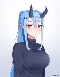 Rule 34 | 1girl, absurdres, blue hair, blush, breasts, demon girl, demon horns, hair ornament, highres, horns, keokz, large breasts, long hair, looking at viewer, pointy ears, ponytail, red eyes, self-upload, shy, simple background, turtleneck