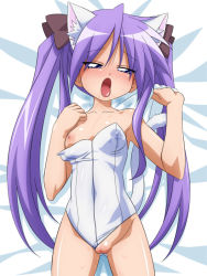 Rule 34 | 00s, 1girl, ahegao, animal ear fluff, animal ears, blush, breasts, cat ears, cat tail, cleft of venus, clothing aside, covered erect nipples, dakimakura (medium), female focus, hiiragi kagami, kittysuit, leotard, long hair, lucky star, lying, nontraditional playboy bunny, one breast out, open mouth, purple hair, pussy, pussy juice, small breasts, solo, star shapped areolae, sugimura tomokazu, swimsuit, swimsuit aside, symbol shaped areolae, tagme, tail, twintails, uncensored